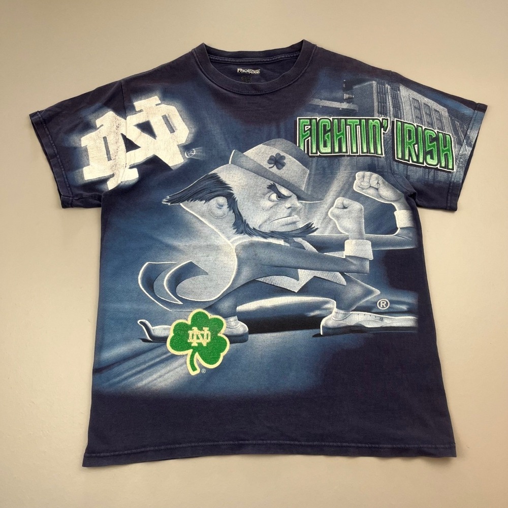VTG ProEdge Notre Dame T-Shirt Mens M Navy Blue All Over Print Fighting Irish